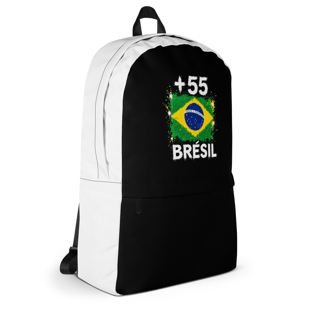 Sac à Dos Brésil +55 - Bicolore avec drapeau floqué effet éclaboussure de peinture - vue de profil droit - Indicatif Fier