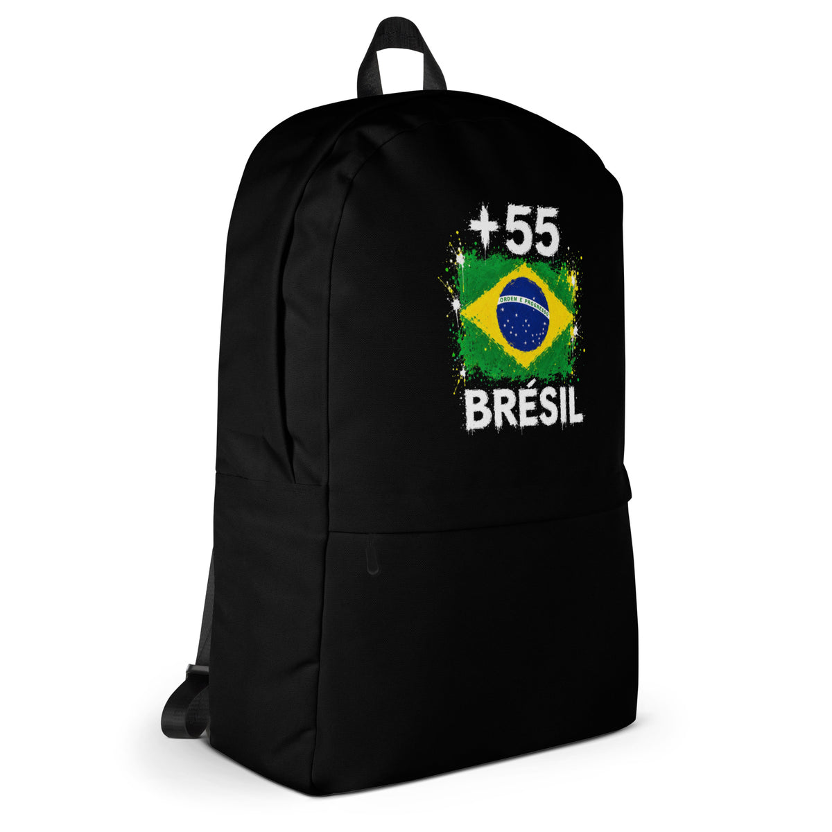 Sac à Dos Brésil +55 - Noir avec drapeau floqué effet éclaboussure de peinture - vue de profil droit - Indicatif Fier