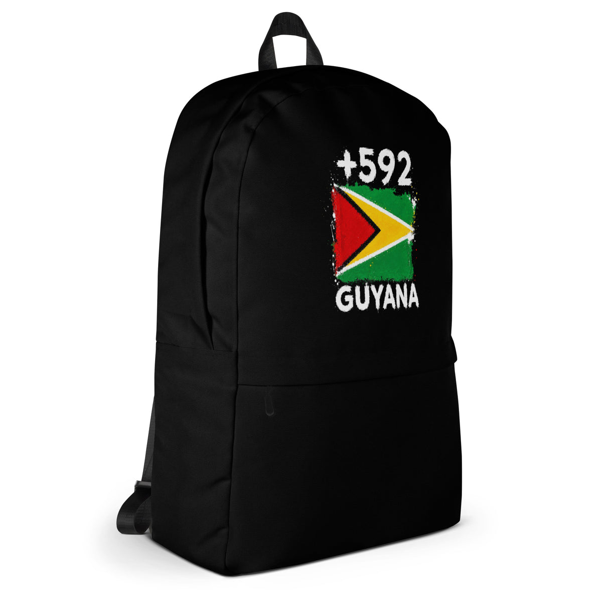 Sac à Dos Guyana +592 - Noir avec drapeau floqué effet éclaboussure de peinture - vue de profil droit - Indicatif Fier