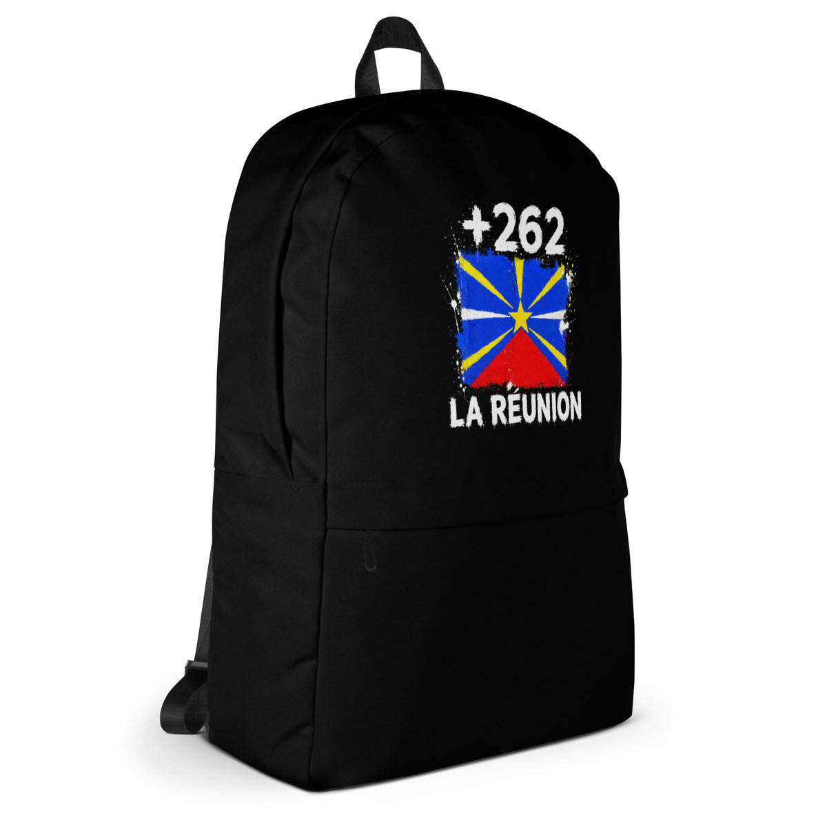 Sac à Dos La Réunion +262 - Noir avec drapeau floqué effet éclaboussure de peinture - vue de profil droit - Indicatif Fier