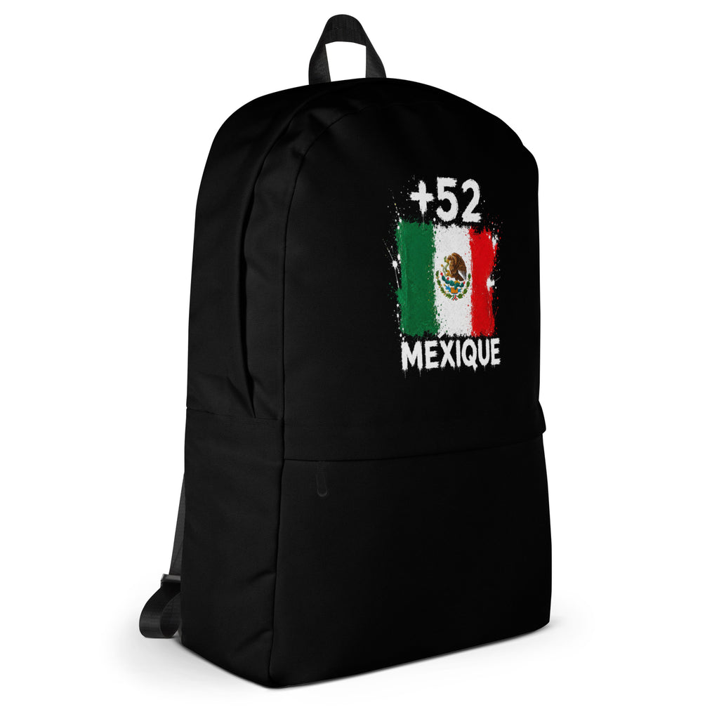 Sac à Dos Mexique +52 - Noir avec drapeau floqué effet éclaboussure de peinture - vue de profil droit - Indicatif Fier
