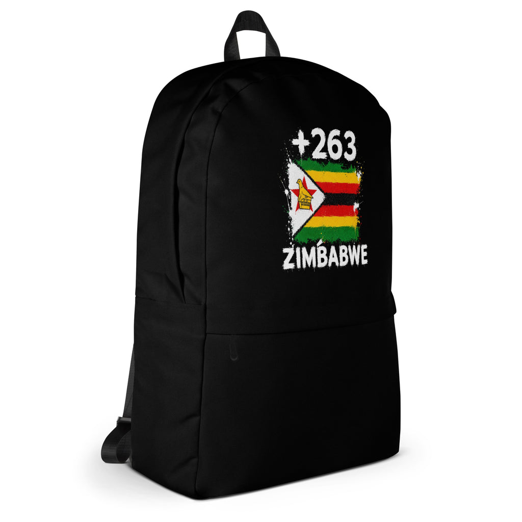 Sac à Dos Zimbabwe +263 - Noir avec drapeau floqué effet éclaboussure de peinture - vue de profil droit - Indicatif Fier
