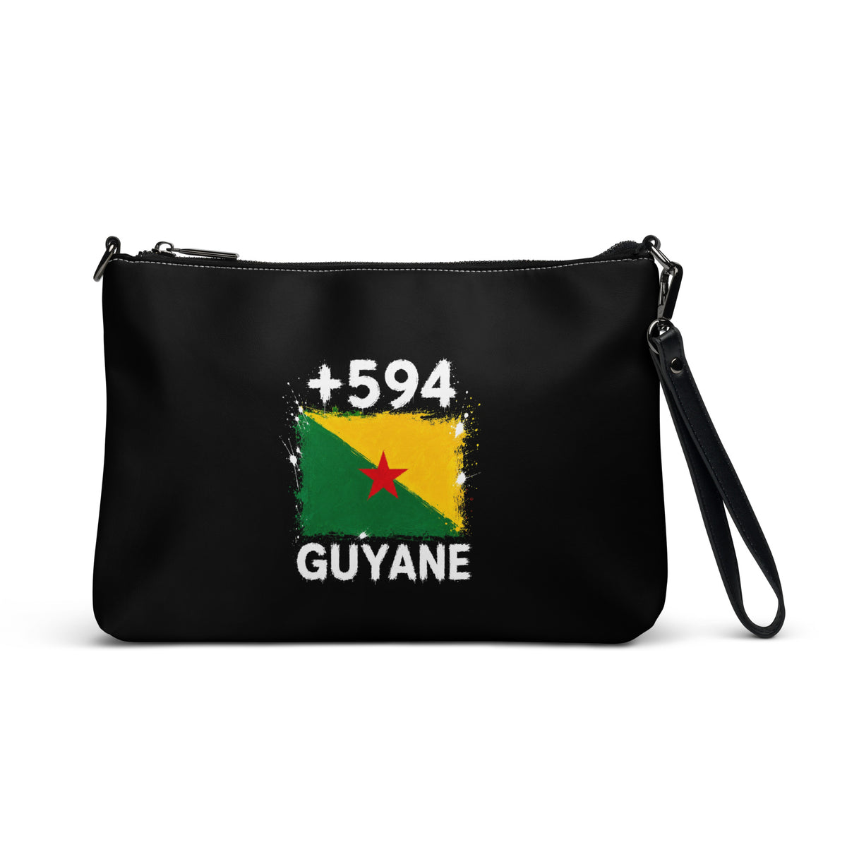 Sac à main noir Guyane +594 avec drapeau guyanais floqué effet éclaboussure de peinture - Indicatif Fier