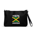 Sac à main noir Jamaïque +1876 avec drapeau jamaïcain floqué effet éclaboussure de peinture - vue de face - Indicatif Fier