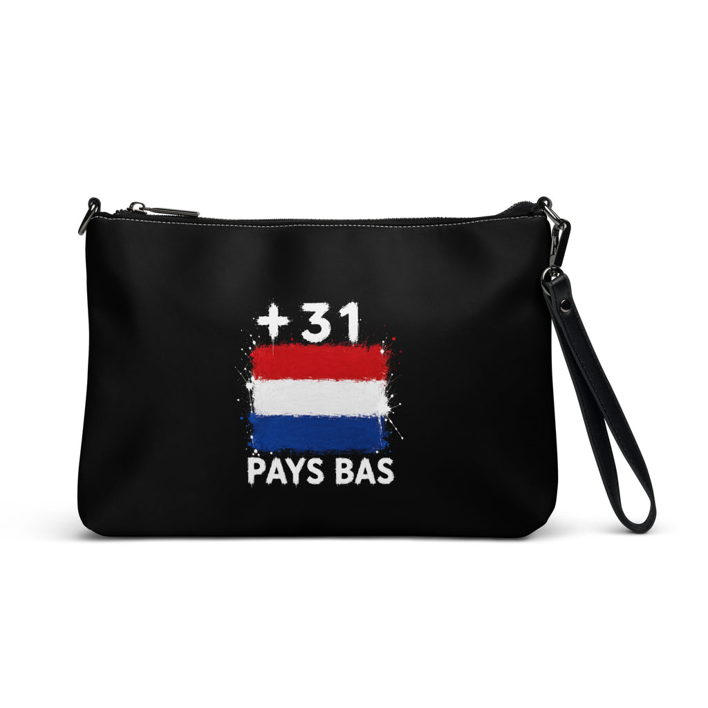 Sac à main noir Pays Bas +31 avec drapeau néerlandais floqué effet éclaboussure de peinture - vue de face - Indicatif Fier