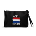 Sac à main noir Pays Bas +31 avec drapeau néerlandais floqué effet éclaboussure de peinture - vue de face - Indicatif Fier