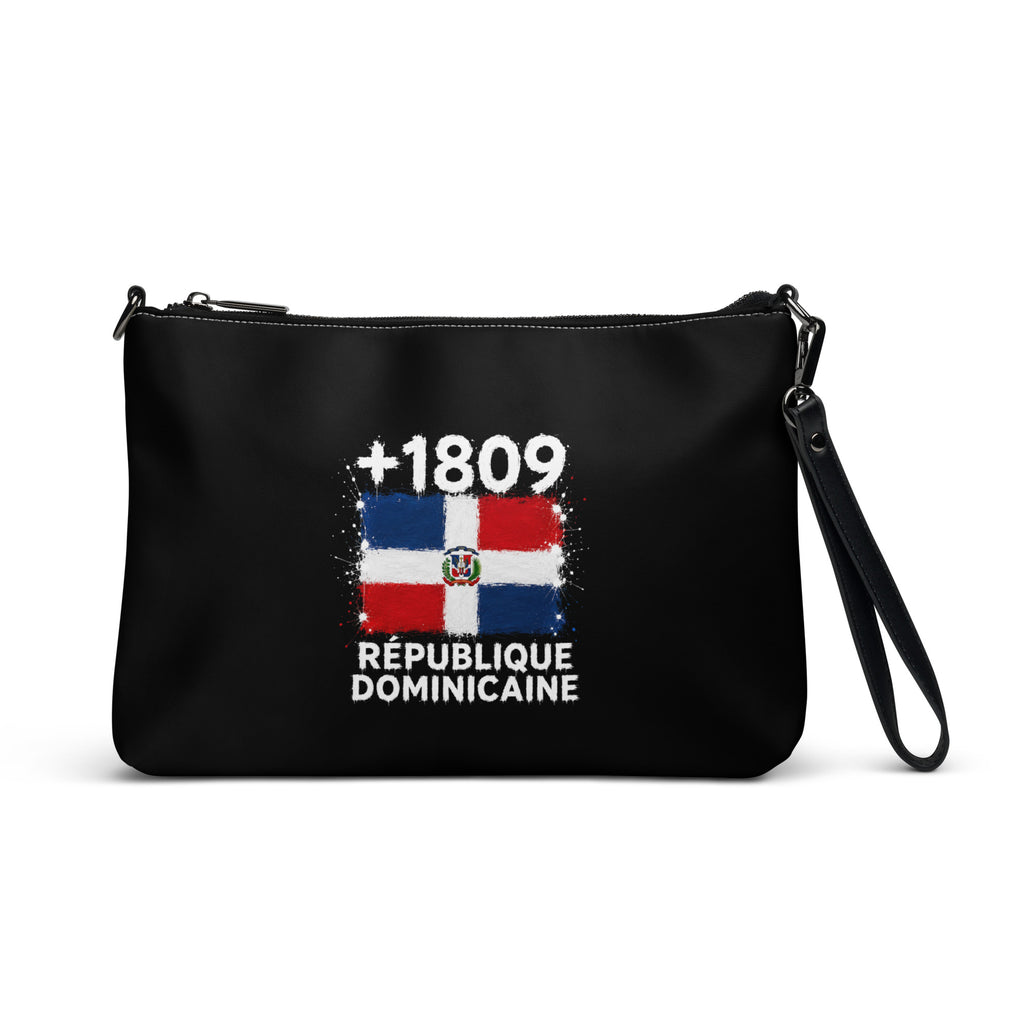 Sac à main noir République Dominicaine +1809 avec drapeau dominicain floqué effet éclaboussure de peinture - vue de face - Indicatif Fier