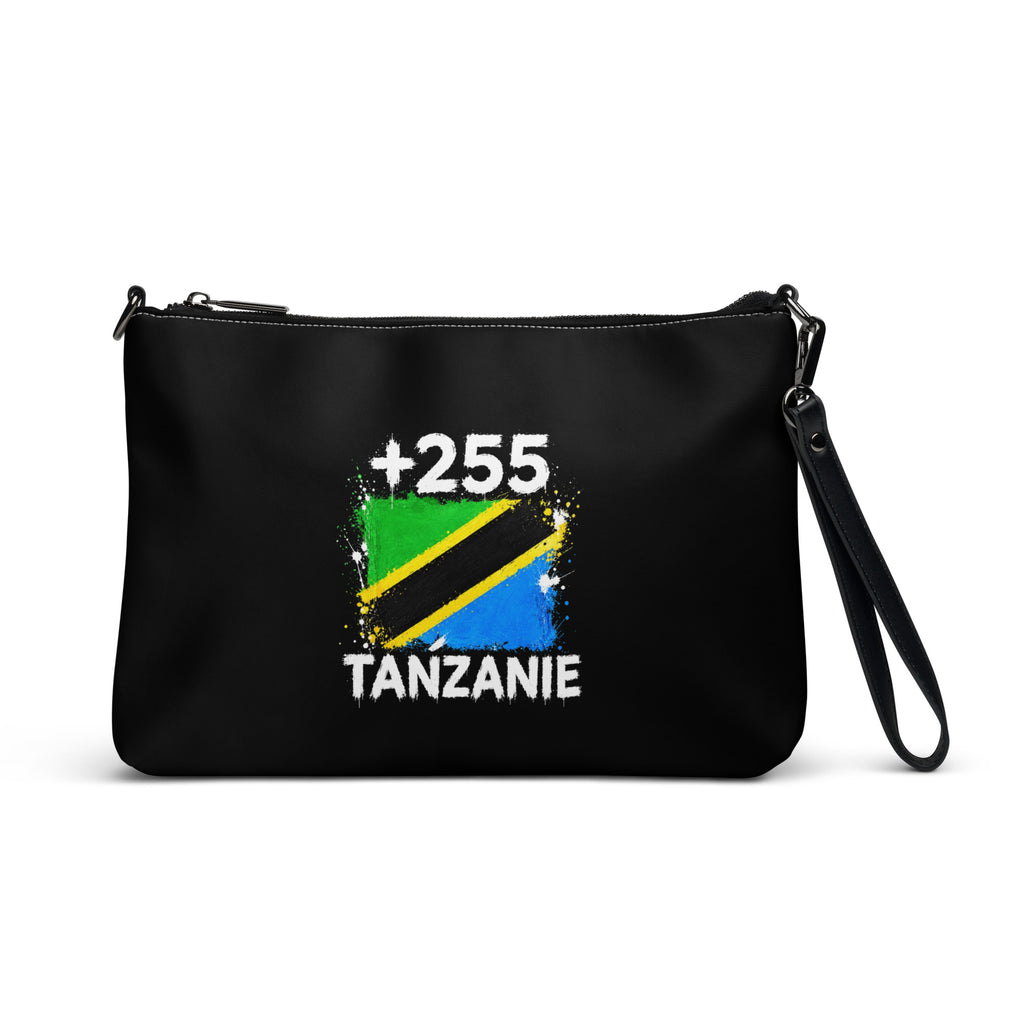 Sac à Main Tanzanie +255 noir vue de face, design drapeau tanzanien