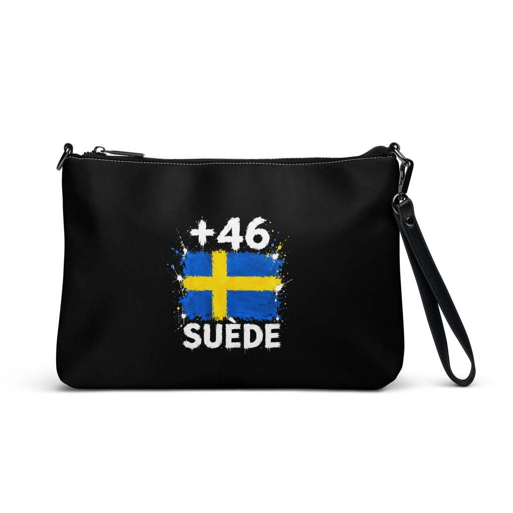 Sac à Main Suède +46 - Noir avec drapeau floqué effet éclaboussure de peinture - vue de face - Indicatif Fier