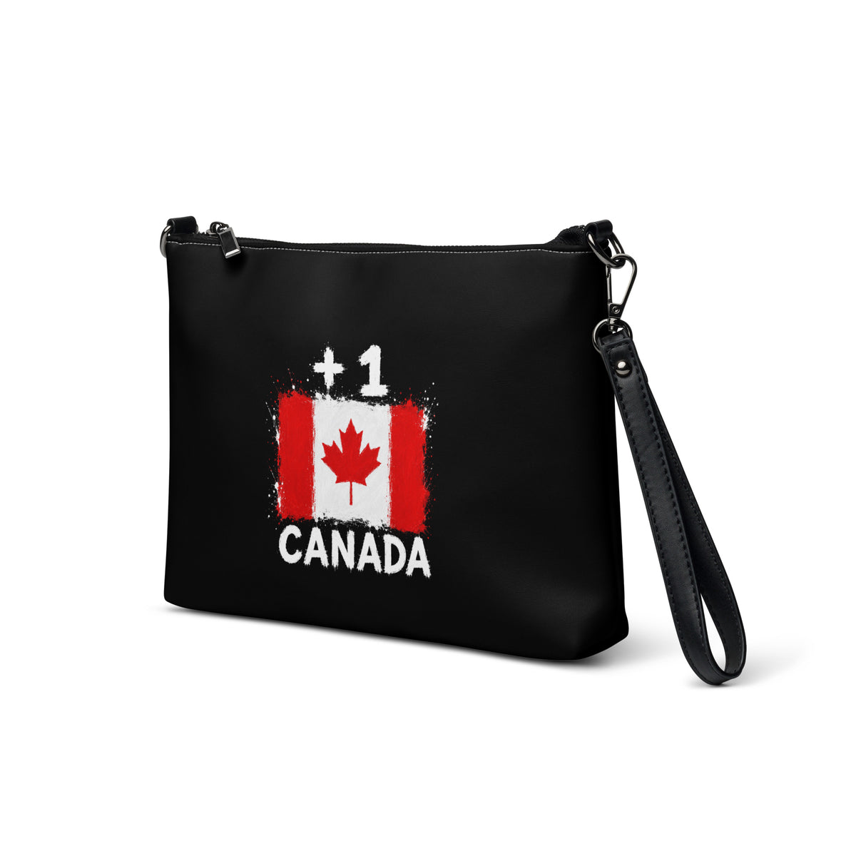 Sac à main noir Canada +1 avec drapeau canadien floqué - vue de profil gauche - Indicatif Fier
