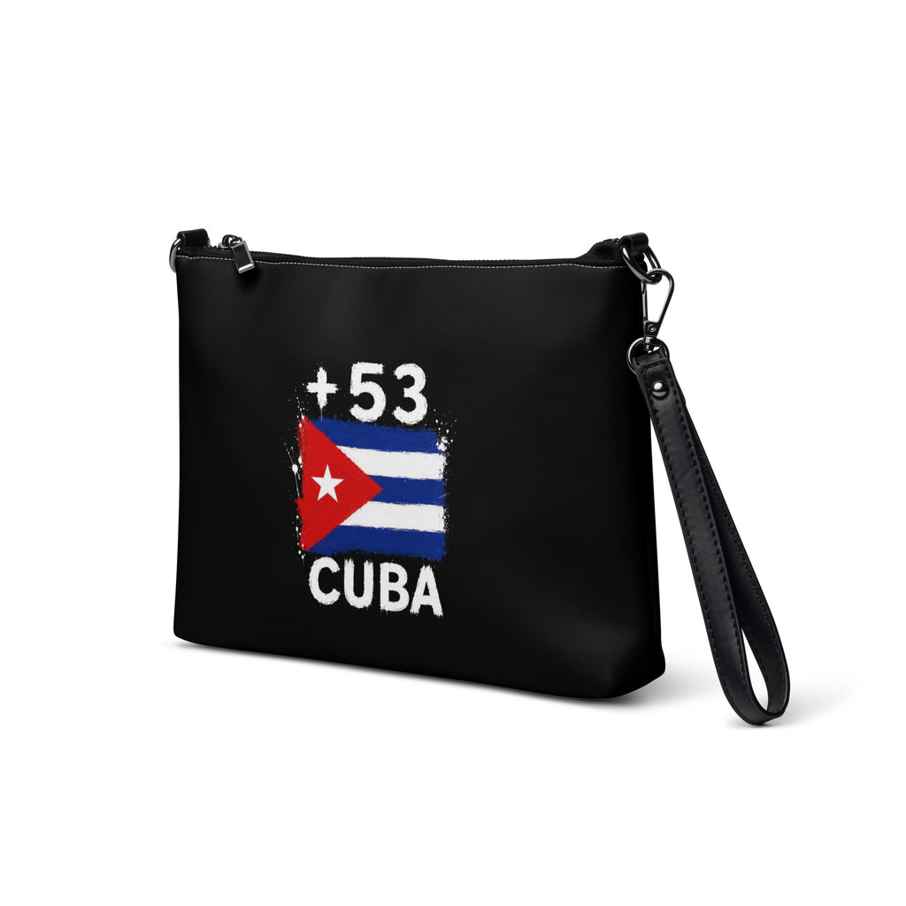 Sac à main noir Cuba +53 avec drapeau cubain floqué - vue de profil gauche - Indicatif Fier