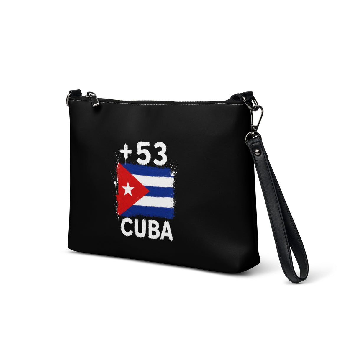 Sac à main noir Cuba +53 avec drapeau cubain floqué - vue de profil gauche - Indicatif Fier