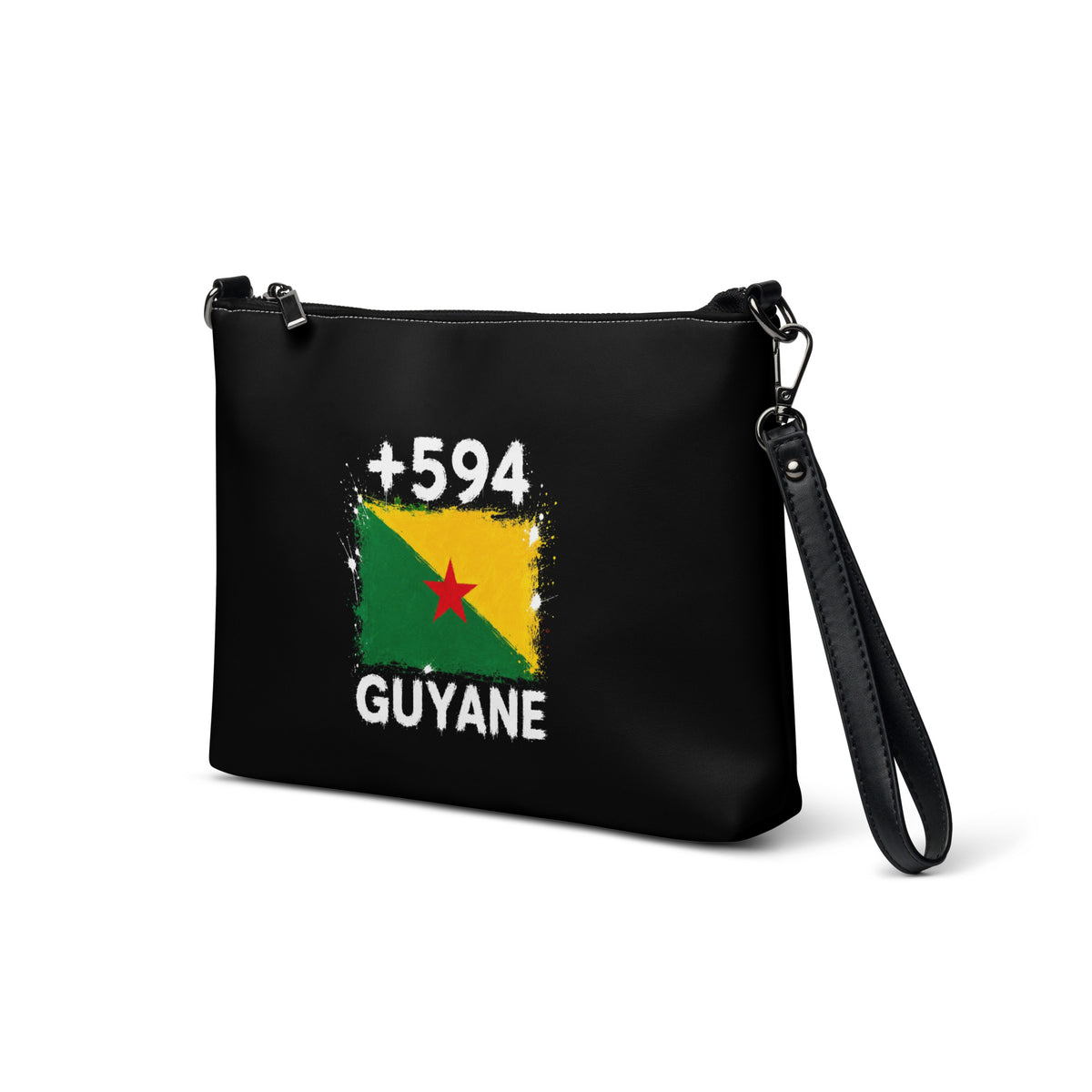 Sac à main noir Guyane +594 avec drapeau guyanais floqué - vue de profil gauche - Indicatif Fier