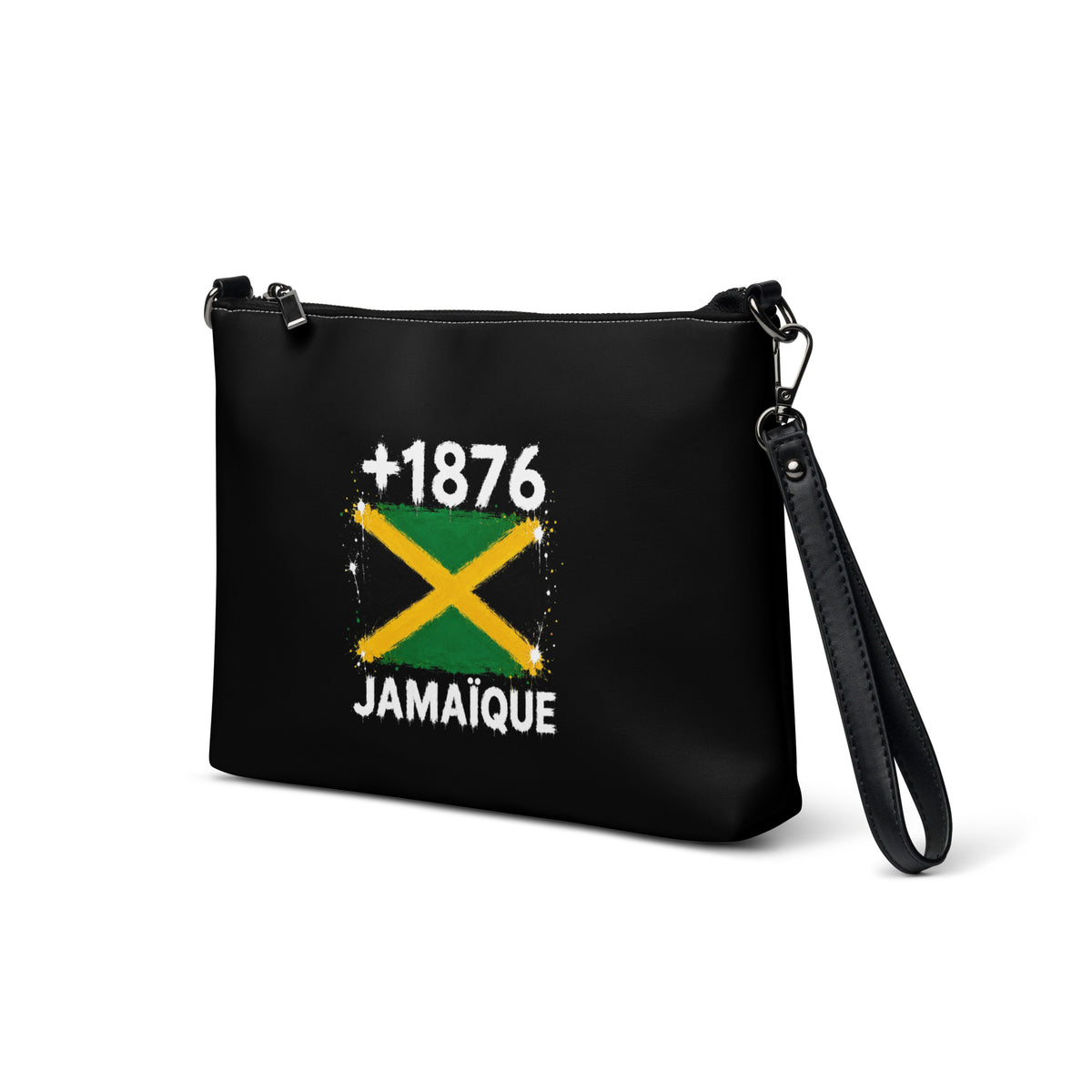 Sac à main noir Jamaïque +1876 avec drapeau jamaïcain floqué effet éclaboussure de peinture - vue de trois-quarts - Indicatif Fier