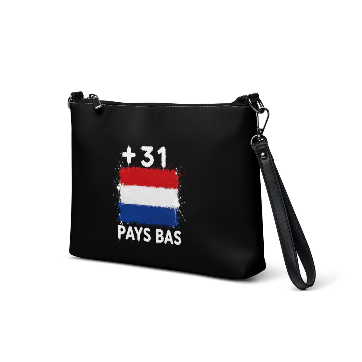 Sac à main noir Pays Bas +31 avec drapeau néerlandais floqué - vue trois-quarts - Indicatif Fier