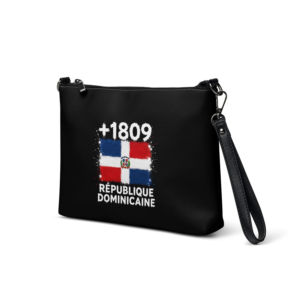 Sac à main noir République Dominicaine +1809 avec drapeau dominicain floqué effet éclaboussure de peinture - vue trois-quarts - Indicatif Fier