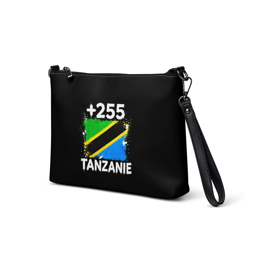 Sac à Main Tanzanie +255 - Noir avec drapeau floqué effet éclaboussure de peinture - vue de trois-quarts gauche - Indicatif Fier