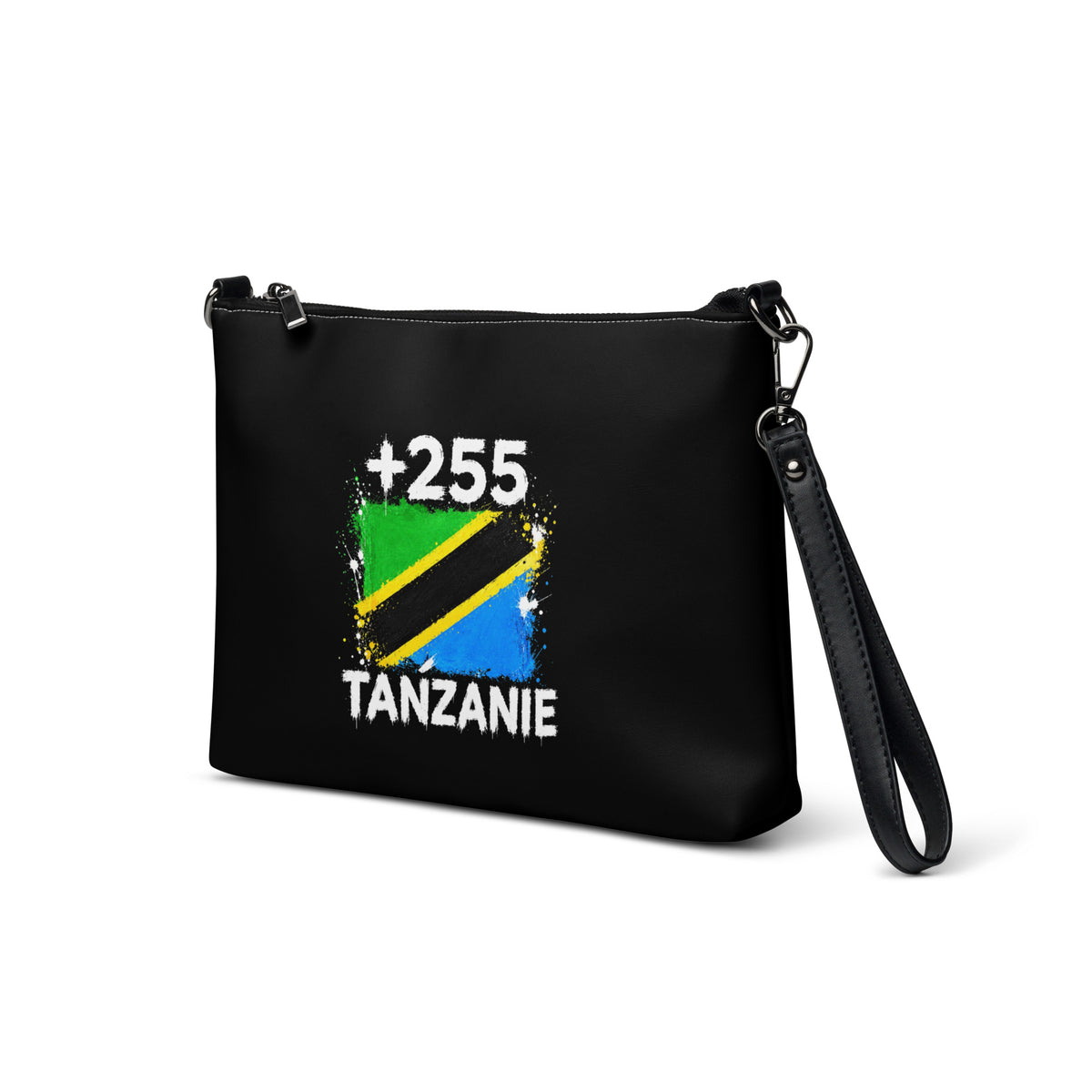 Sac à Main Tanzanie +255 - Noir avec drapeau floqué effet éclaboussure de peinture - vue de trois-quarts gauche - Indicatif Fier