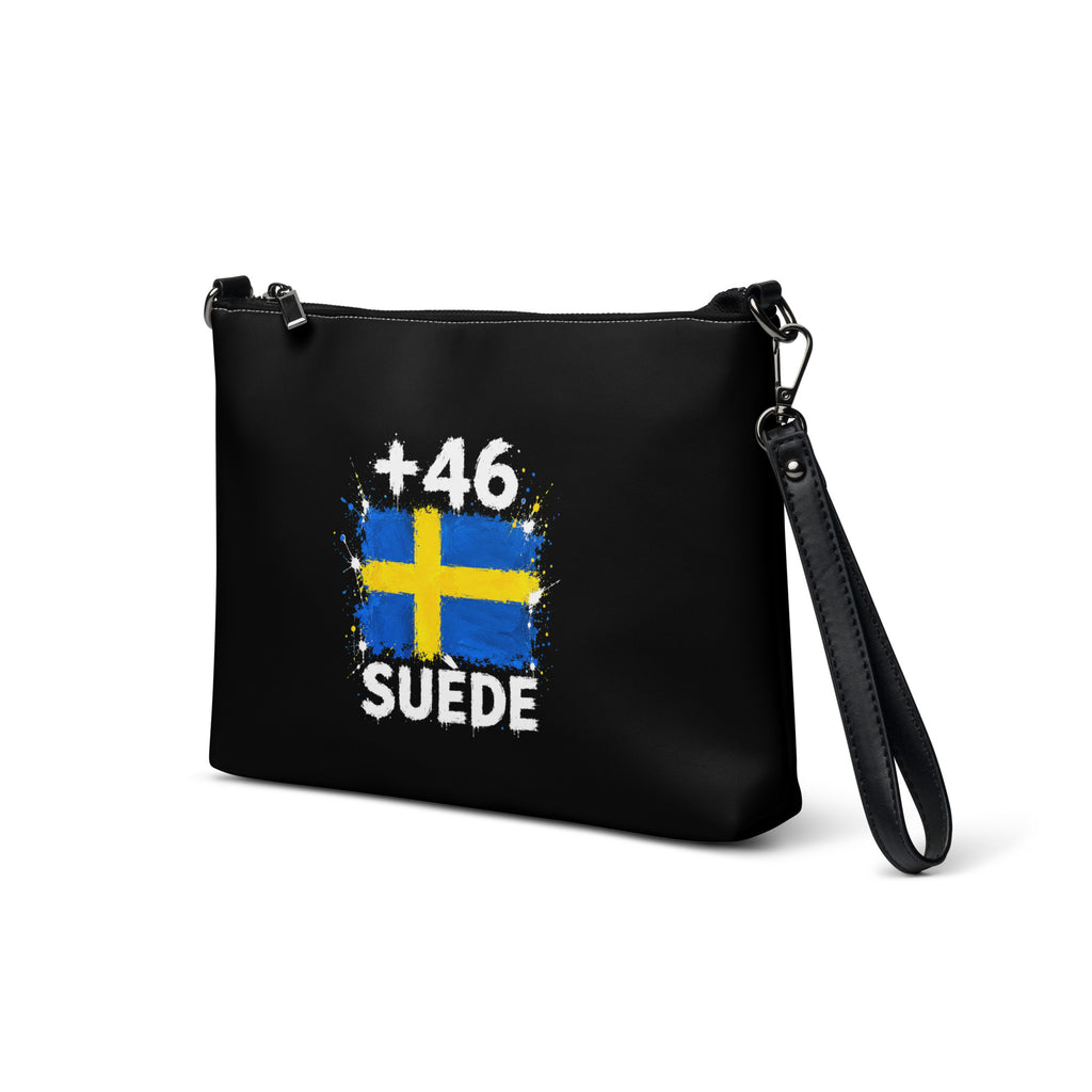 Sac à Main Suède +46 - Noir avec drapeau floqué effet éclaboussure de peinture - vue de trois-quarts gauche - Indicatif Fier