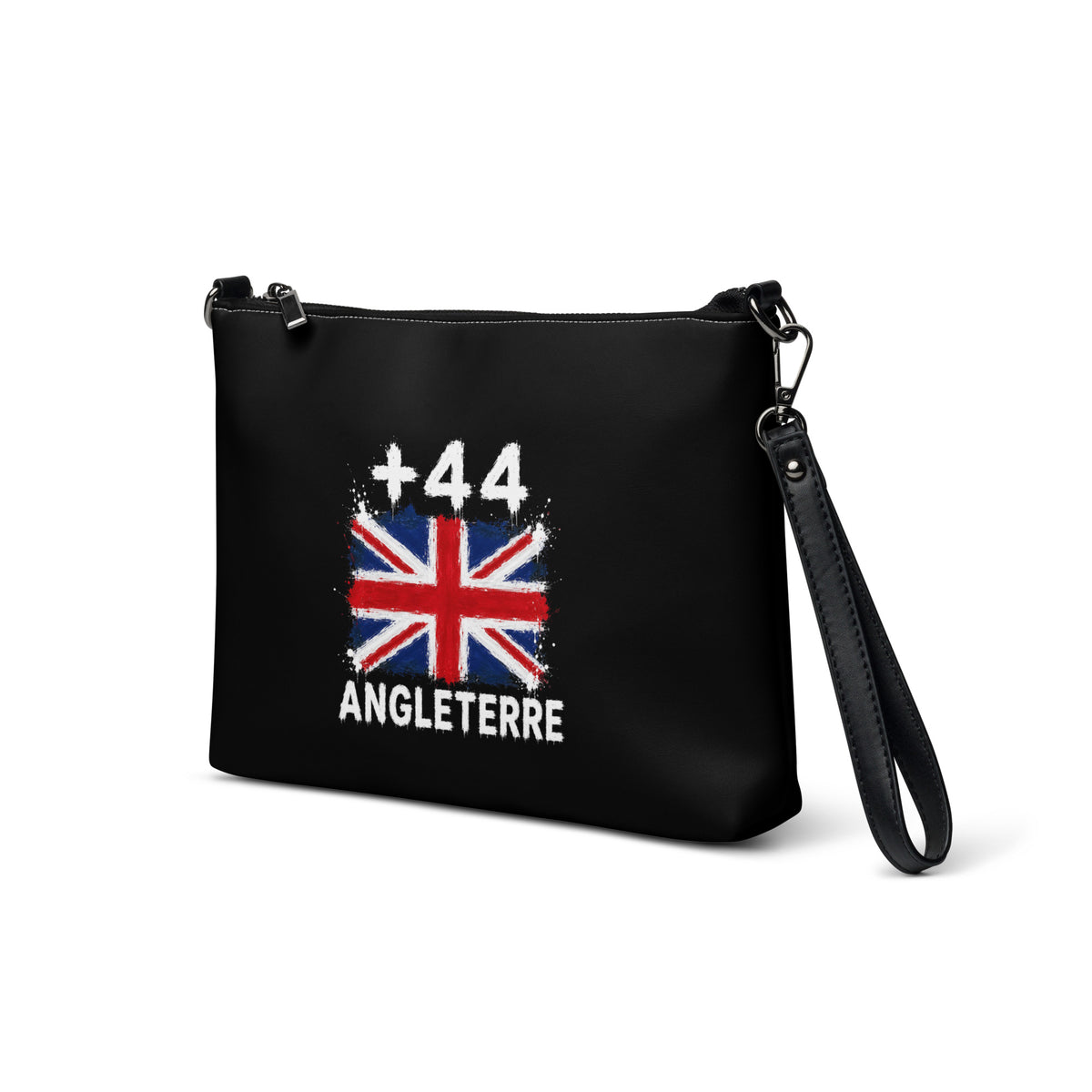 Sac à Main Angleterre +44 avec drapeau floqué effet éclaboussure de peinture - vue de trois-quarts gauche - Indicatif Fier