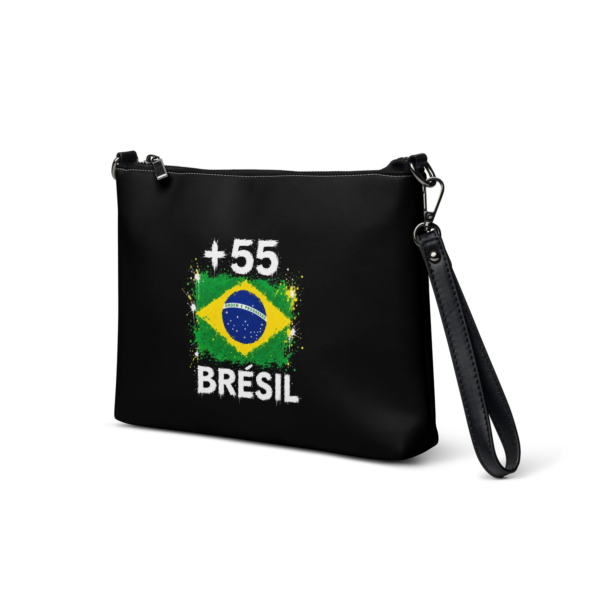 Sac à Main Brésil +55 - Noir avec drapeau floqué effet éclaboussure de peinture - vue de trois-quarts gauche - Indicatif Fier