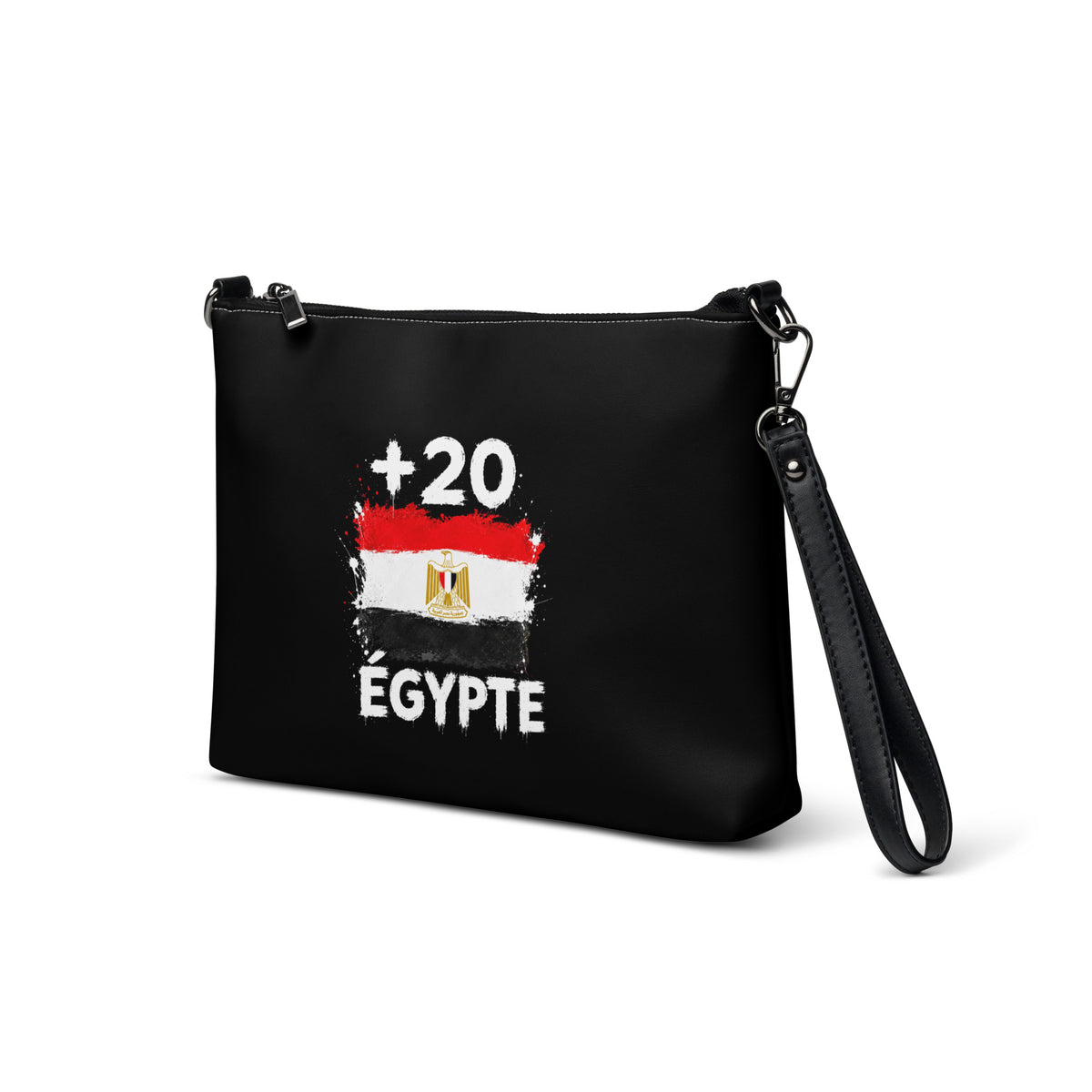 Sac à Main Égypte +20 - Noir avec drapeau floqué effet éclaboussure de peinture - vue de trois-quarts gauche - Indicatif Fier