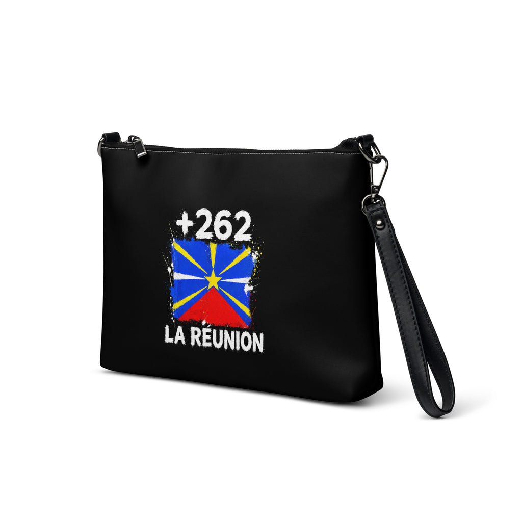Sac à Main La Réunion +262 - Noir avec drapeau floqué effet éclaboussure de peinture - vue de trois-quarts gauche - Indicatif Fier