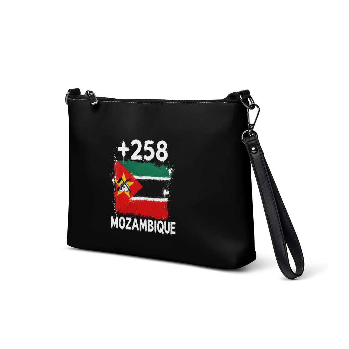 Sac à Main Mozambique +258 - Noir avec drapeau floqué effet éclaboussure de peinture - vue de trois-quarts gauche - Indicatif Fier