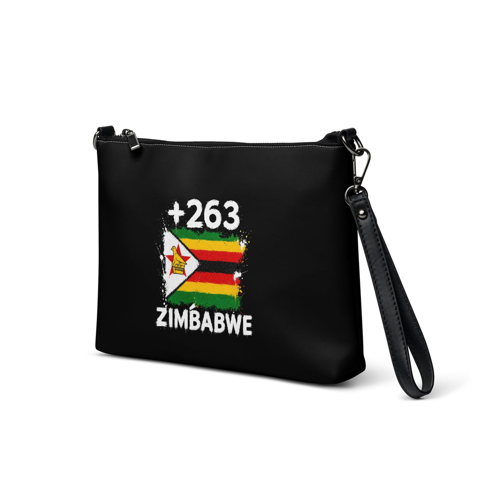 Sac à Main Zimbabwe +263 - Noir avec drapeau floqué effet éclaboussure de peinture - vue de trois-quarts gauche - Indicatif Fier