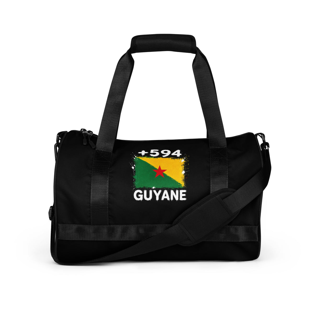 Sac de sport noir Guyane +594 avec drapeau guyanais floqué effet éclaboussure de peinture - Indicatif Fier