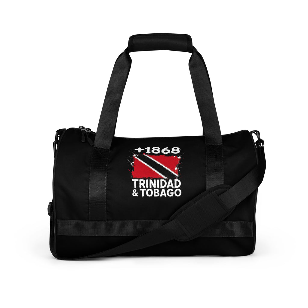 Sac de sport noir Trinidad & Tobago +1868 avec drapeau trinidadien floqué effet éclaboussure de peinture - vue de face - Indicatif Fier