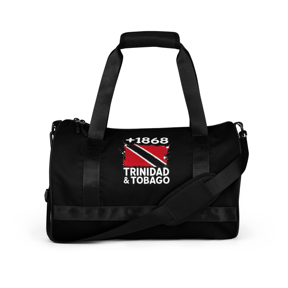 Sac de sport noir Trinidad & Tobago +1868 avec drapeau trinidadien floqué effet éclaboussure de peinture - vue de face - Indicatif Fier