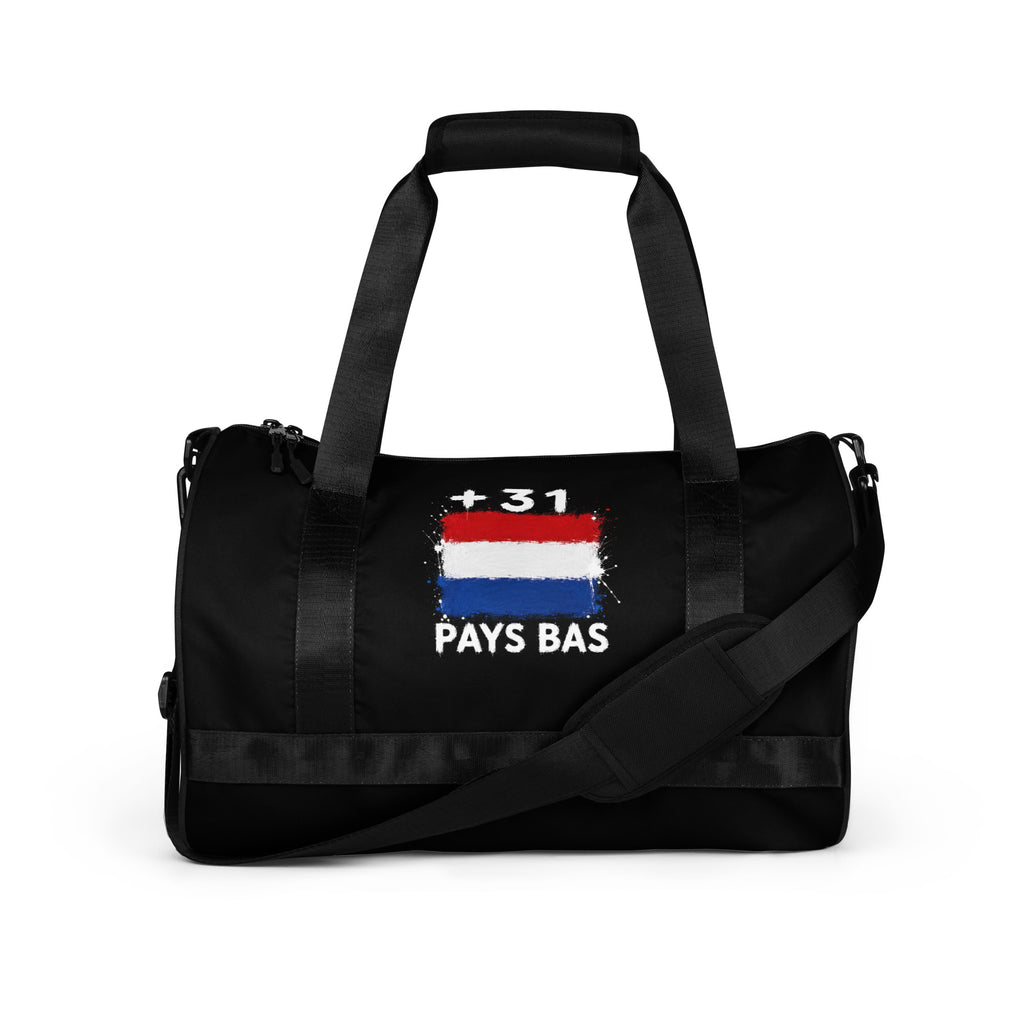Sac de sport noir Pays Bas +31 avec drapeau néerlandais floqué effet éclaboussure de peinture - vue de face - Indicatif Fier