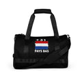Sac de sport noir Pays Bas +31 avec drapeau néerlandais floqué effet éclaboussure de peinture - vue de face - Indicatif Fier
