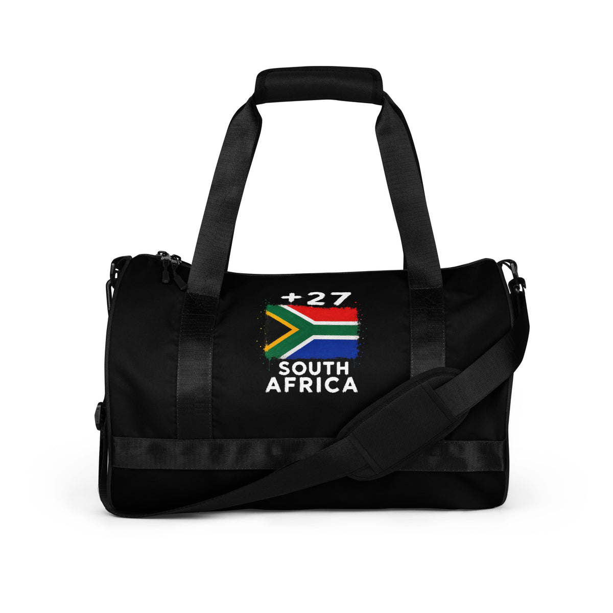 Sac de sport Afrique du Sud +27 noir, vue de face avec drapeau sud-africain