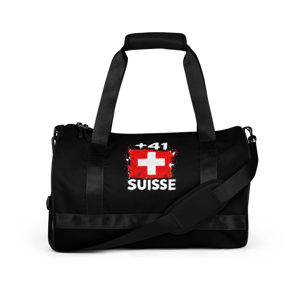 Sac de sport Suisse +41 noir avec drapeau suisse brodé