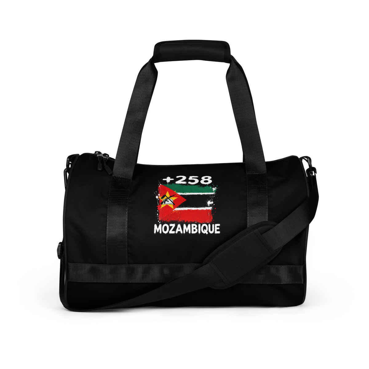 Sac de Sport Mozambique +258 vue de face, design drapeau mozambicain