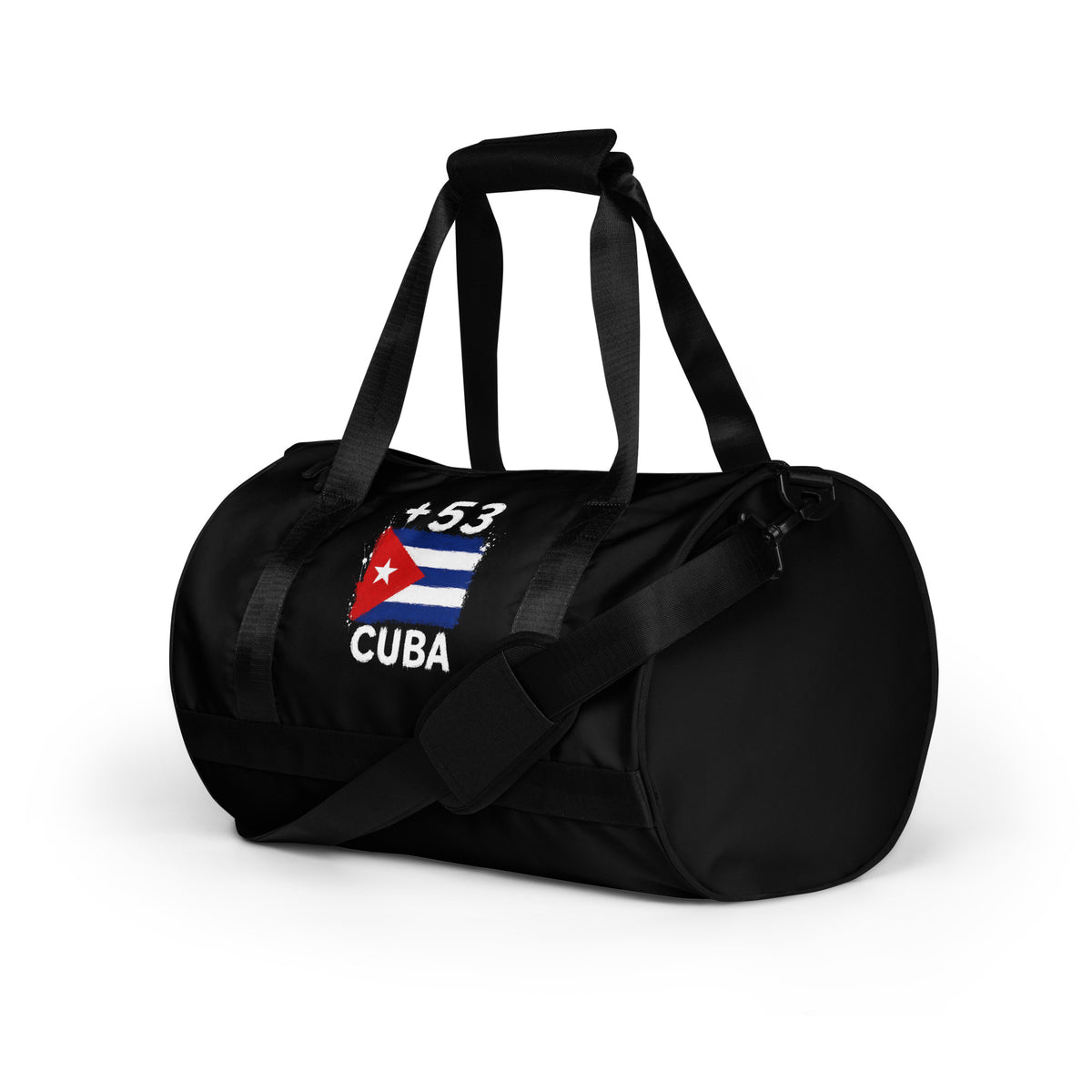 Sac de sport noir Cuba +53 - vue de profil gauche, bandoulière - Indicatif Fier