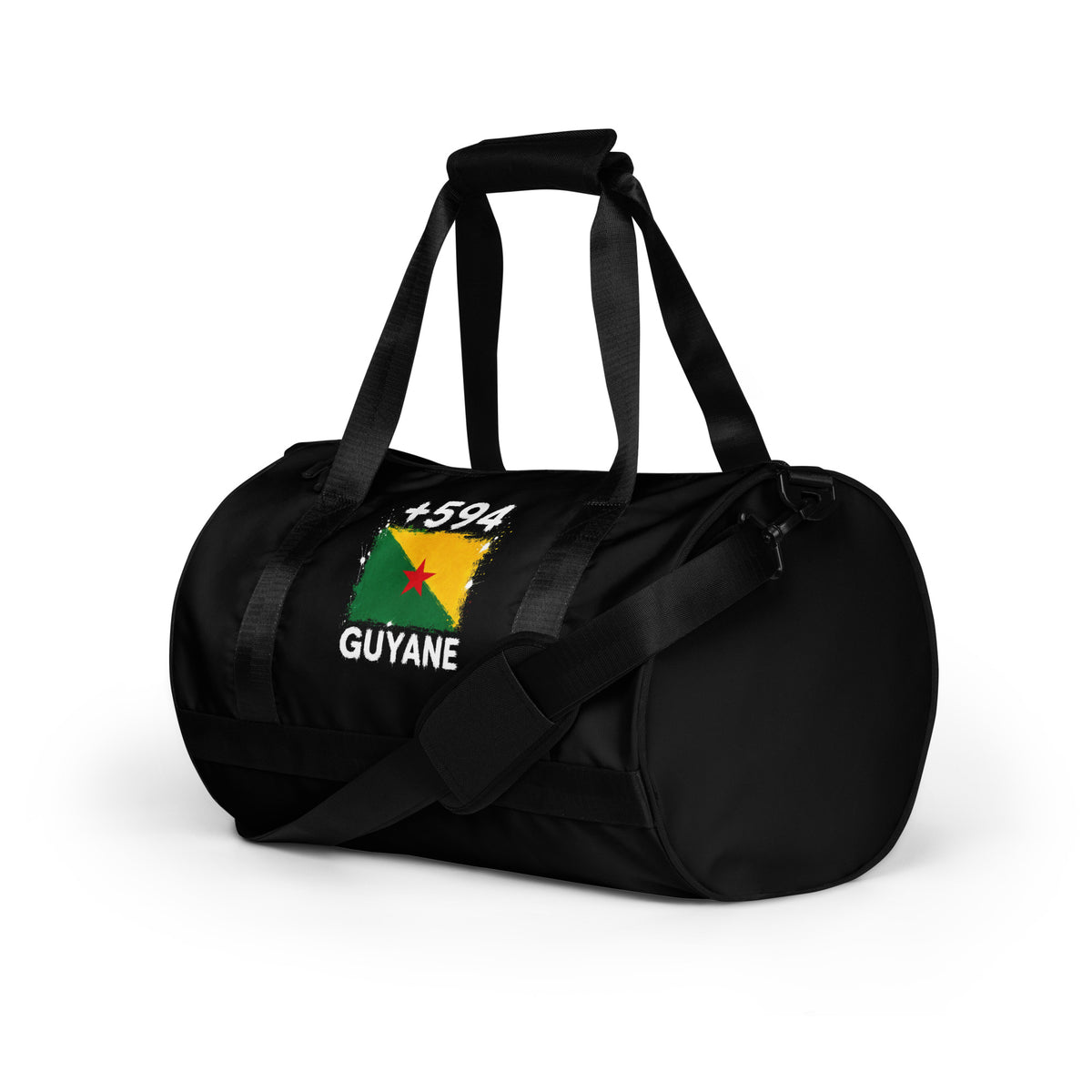 Sac de sport noir Guyane +594 avec drapeau guyanais floqué - vue de profil, bandoulière réglable - Indicatif Fier