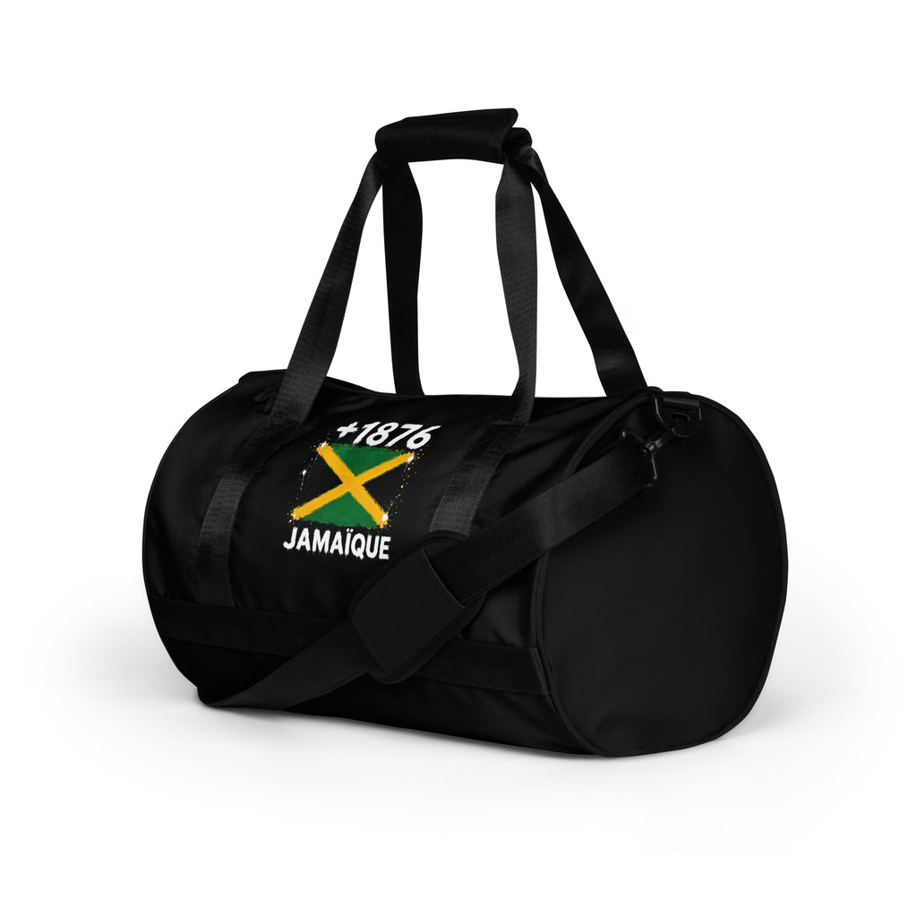 Sac de sport noir Jamaïque +1876 avec drapeau jamaïcain floqué effet éclaboussure de peinture - vue de profil gauche - Indicatif Fier