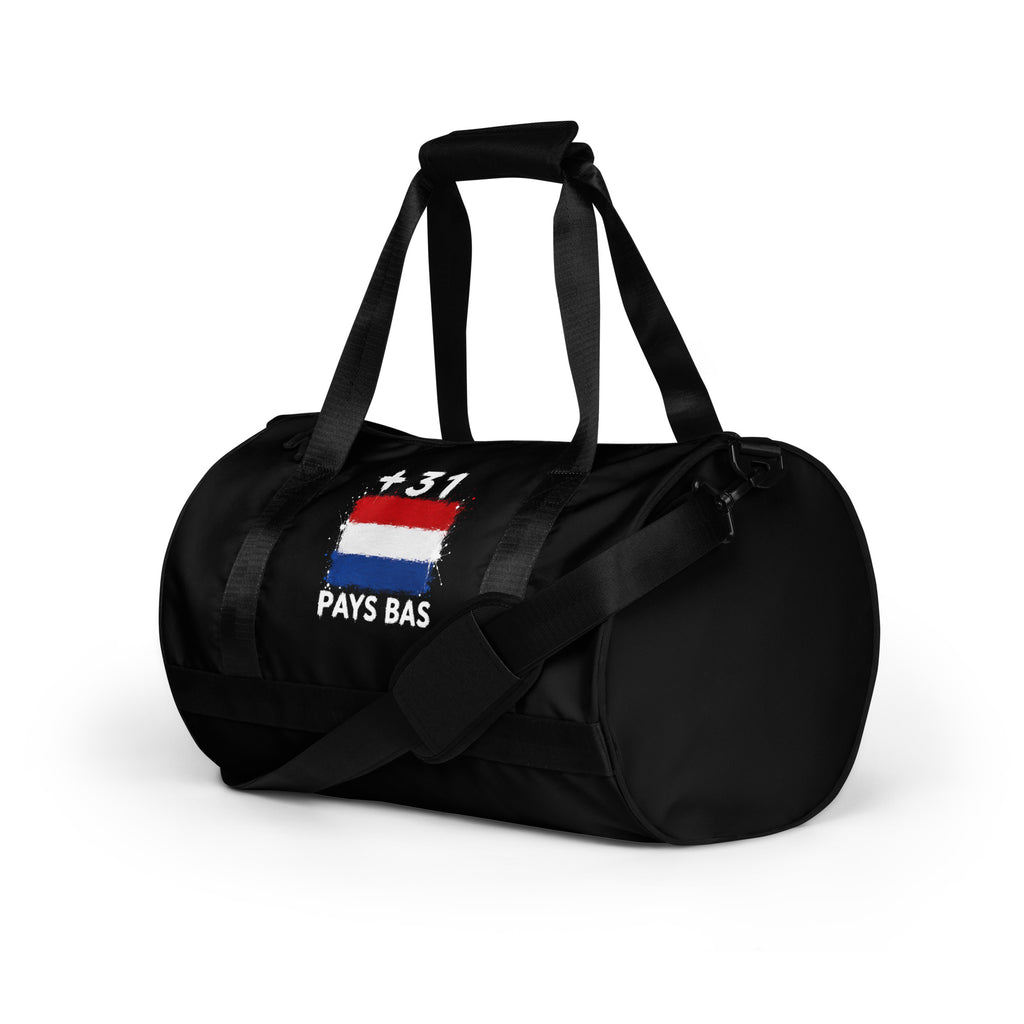 Sac de sport noir Pays Bas +31 avec drapeau néerlandais floqué - vue de profil gauche - Indicatif Fier