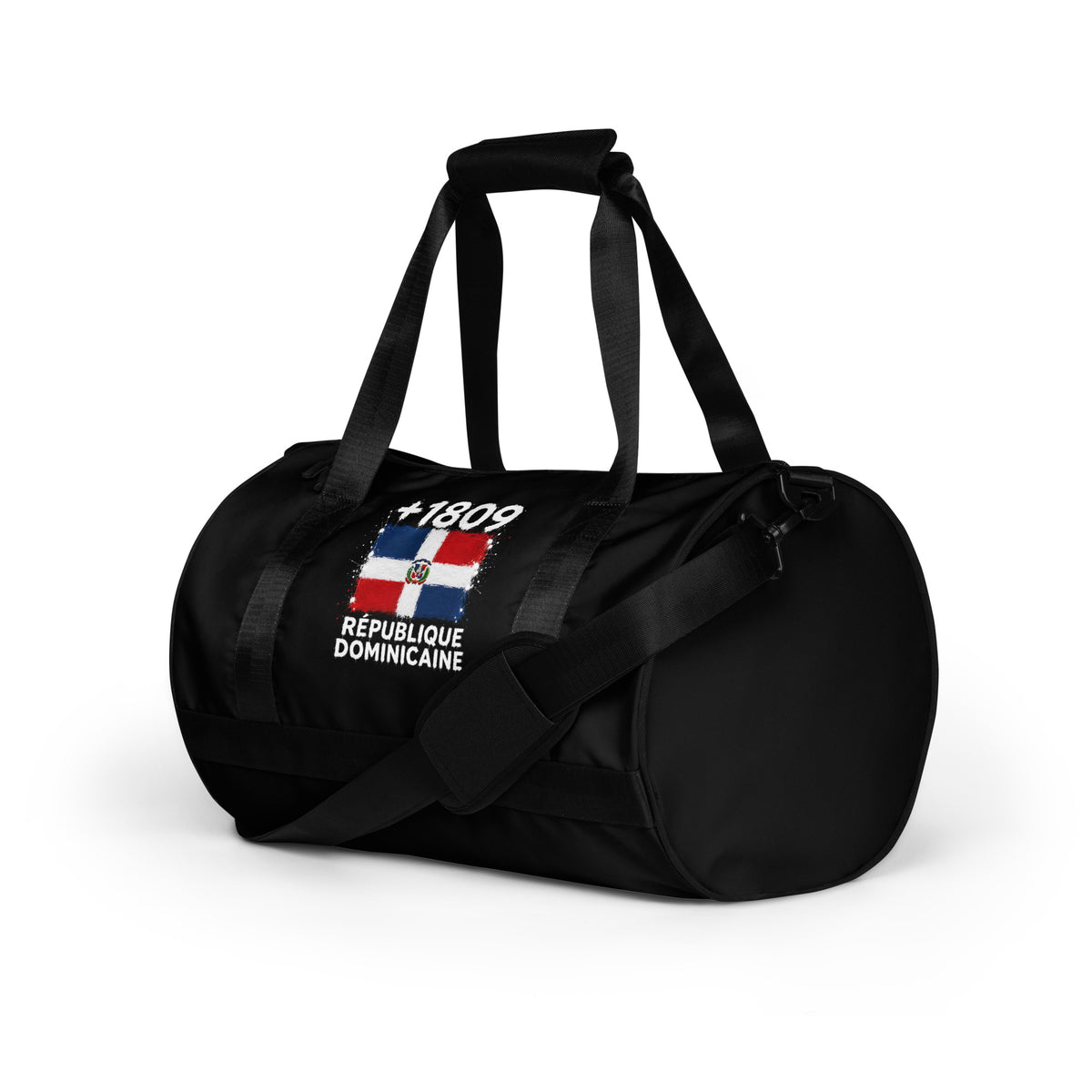 Sac de sport noir République Dominicaine +1809 avec drapeau dominicain floqué effet éclaboussure de peinture - vue de profil gauche - Indicatif Fier