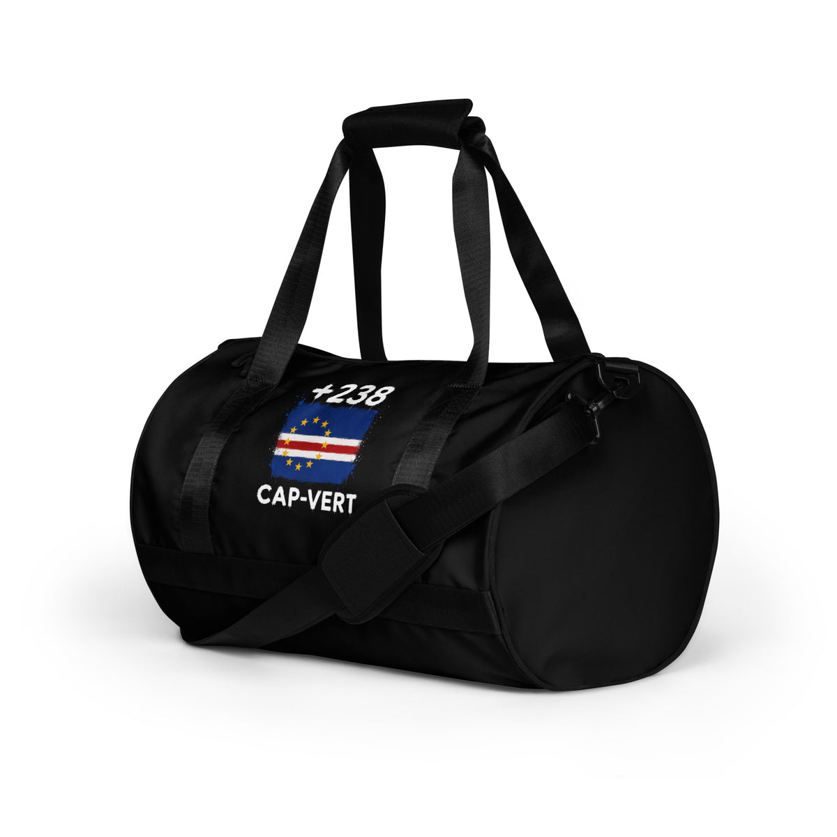 Sac de Sport Cap-Vert +238 vue de trois-quarts, drapeau et indicatif +238 imprimés