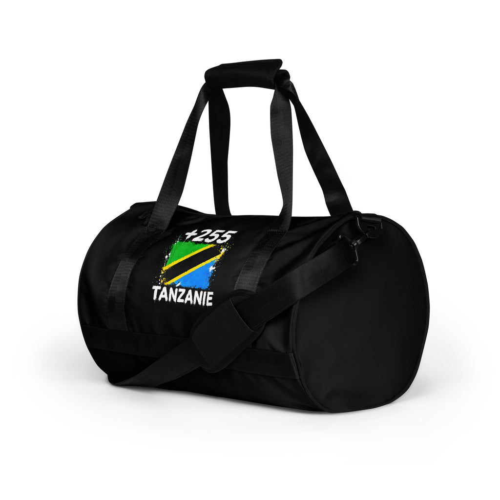 Sac de Sport Tanzanie +255 - Noir avec drapeau floqué effet éclaboussure de peinture - vue de trois-quarts gauche - Indicatif Fier