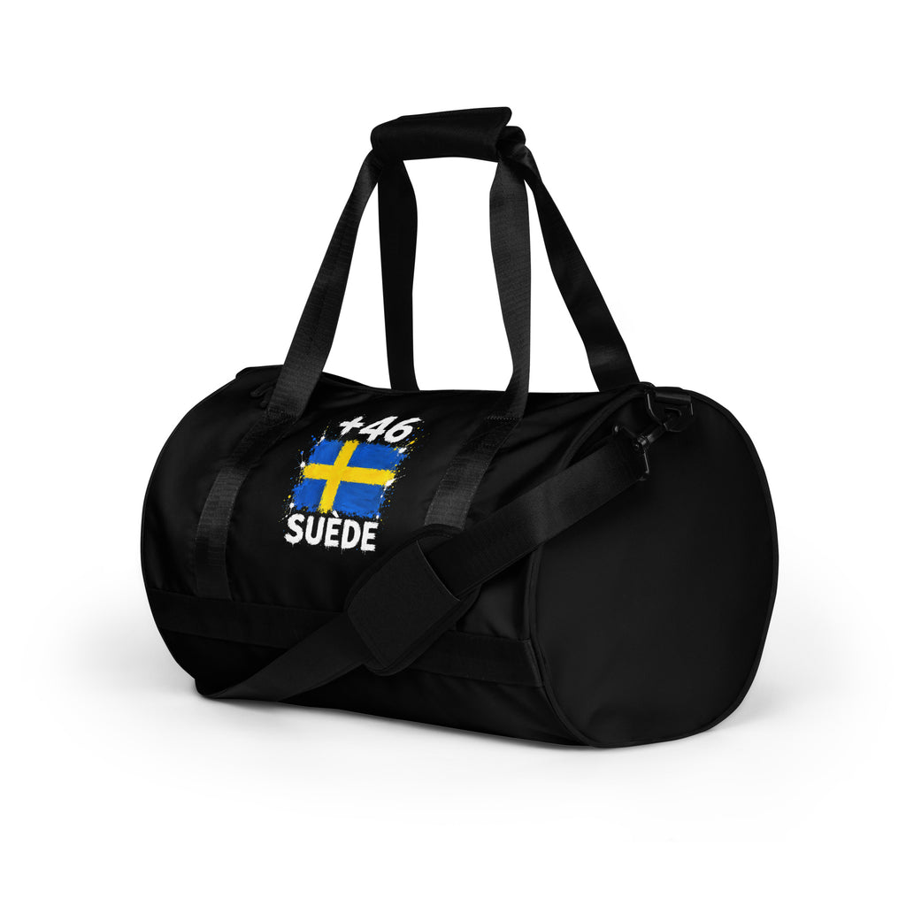 Sac de Sport Suède +46 - Noir avec drapeau floqué effet éclaboussure de peinture - vue de trois-quarts gauche - Indicatif Fier
