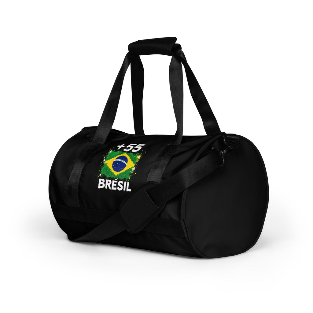 Sac de Sport Brésil +55 - Noir avec drapeau floqué effet éclaboussure de peinture - vue de trois-quarts gauche - Indicatif Fier