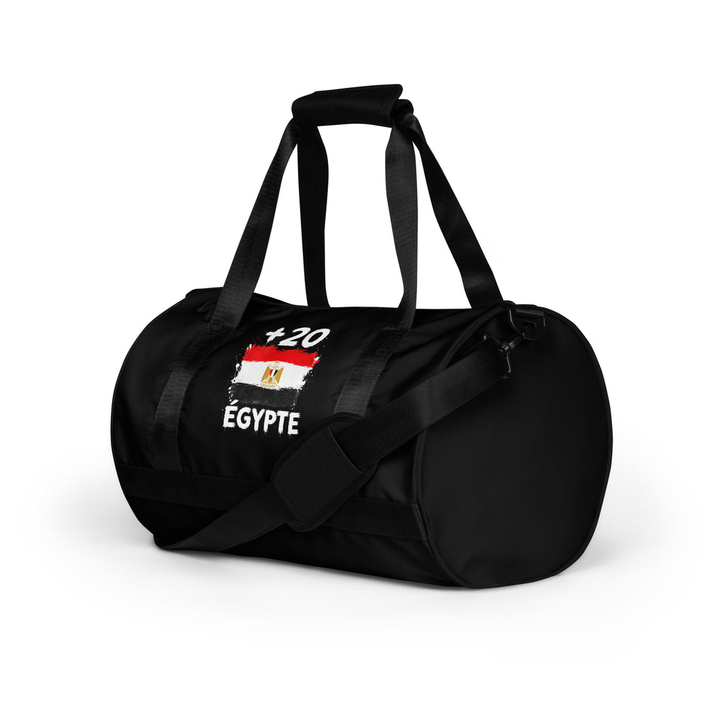 Sac de Sport Égypte +20 - Noir avec drapeau floqué effet éclaboussure de peinture - vue de trois-quarts gauche - Indicatif Fier