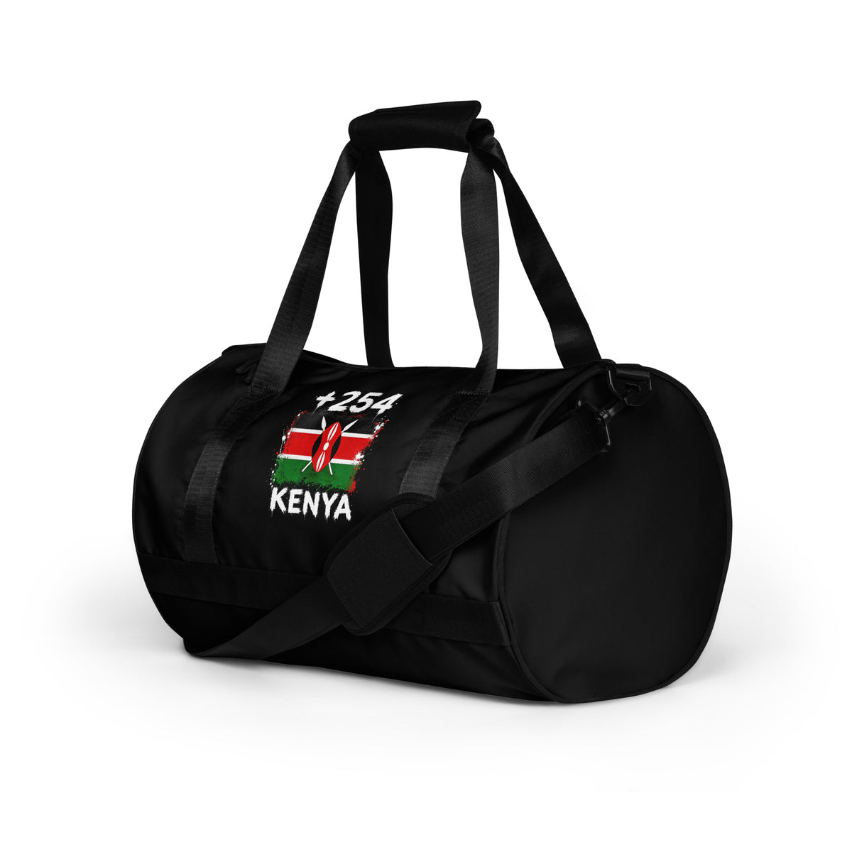 Sac de Sport Kenya +254 - Noir avec drapeau floqué effet éclaboussure de peinture - vue de trois-quarts gauche - Indicatif Fier