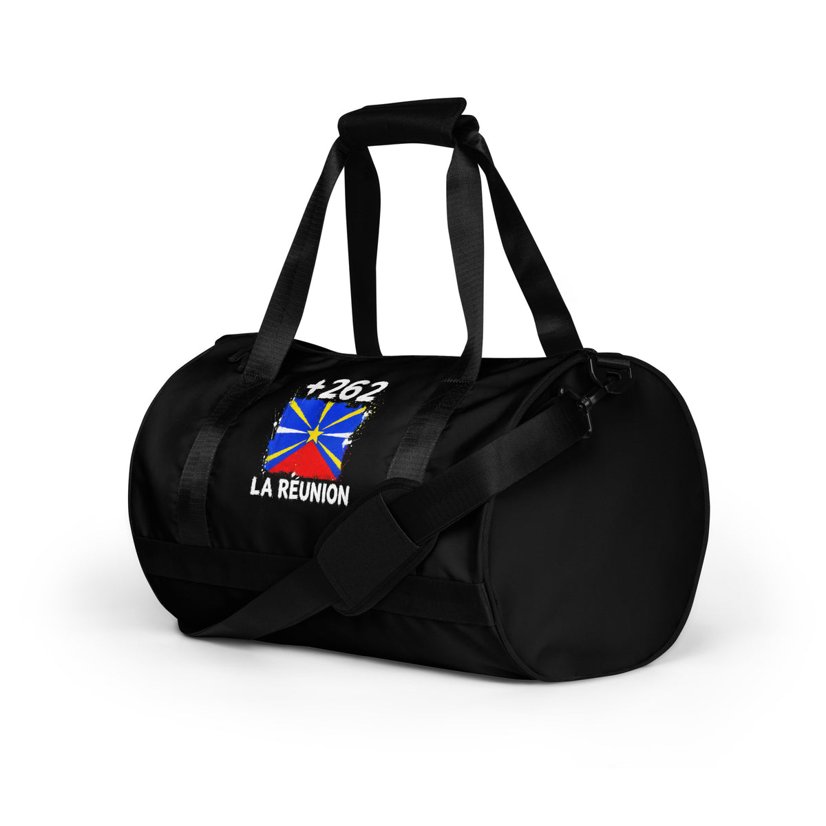 Sac de Sport La Réunion +262 - Noir avec drapeau floqué effet éclaboussure de peinture - vue de trois-quarts gauche - Indicatif Fier