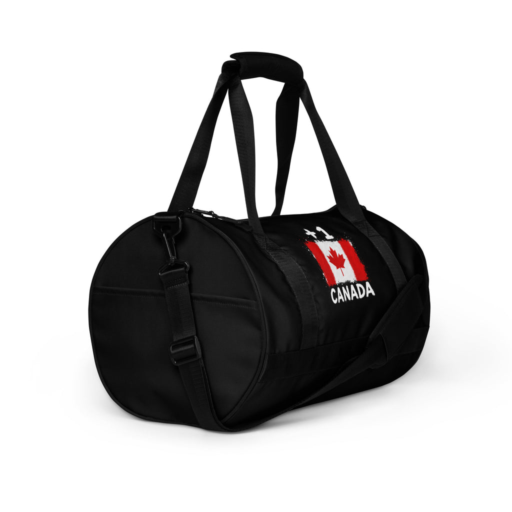 Sac de sport noir Canada +1 avec drapeau canadien floqué - vue de profil droit, bandoulière - Indicatif Fier